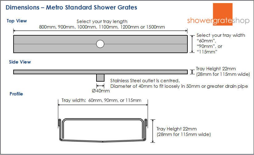 Metro Shower Grate/Channel - Standard Sizes - Dimensions
