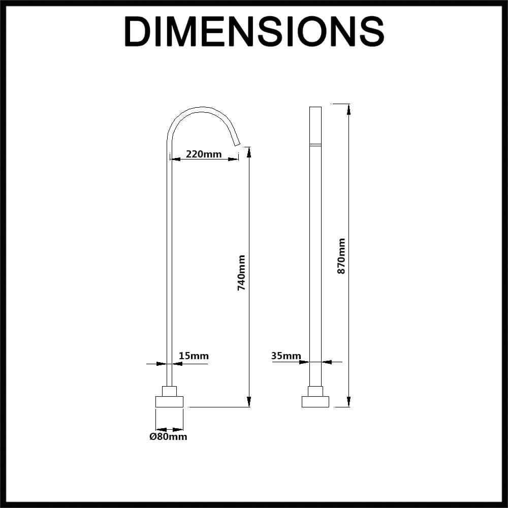 Cavallo Floor Standing Rectangular Bath Spout - Dimensions
