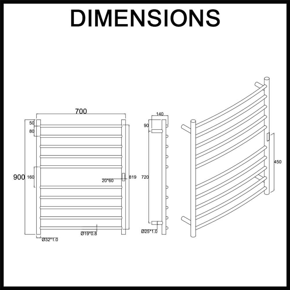 dimensions wall mounted bathroom heated rail 10 bars