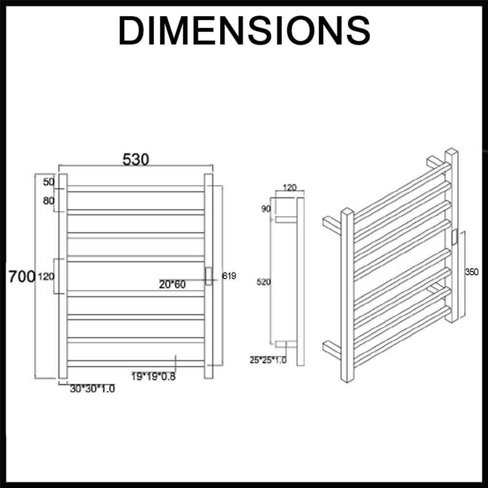dimensions wall mounted bathroom heated rail 8 square bars