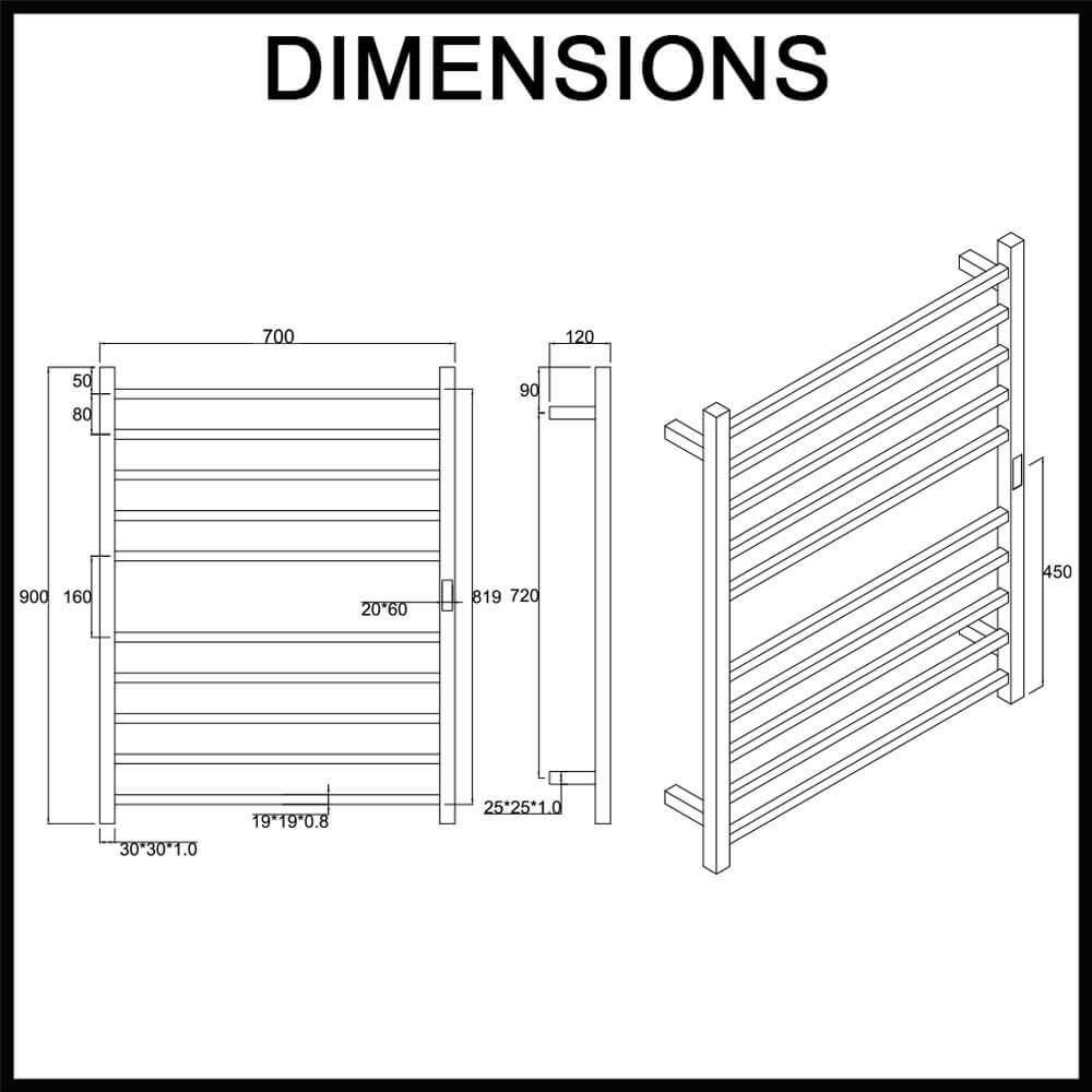 700mm wide heated towel rail with built in timer