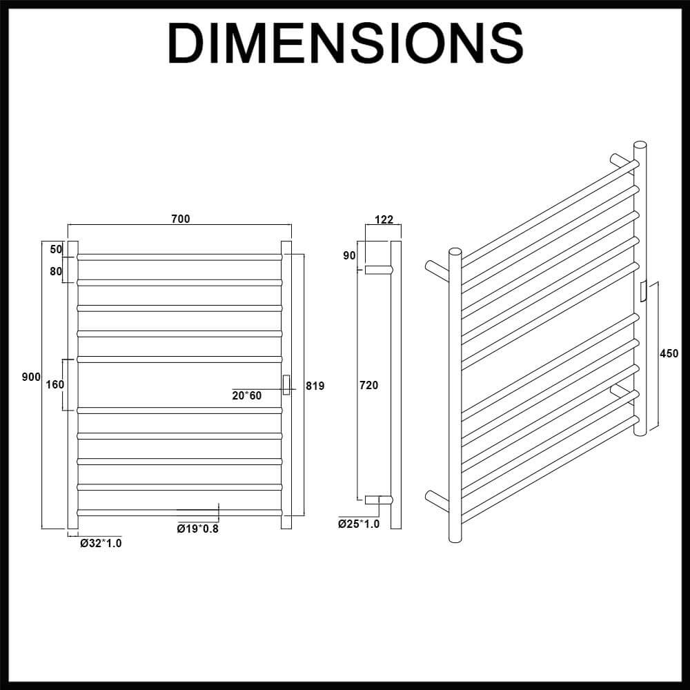 Hotwire 700mm Round bar heated towel rail with timer dimensions guide