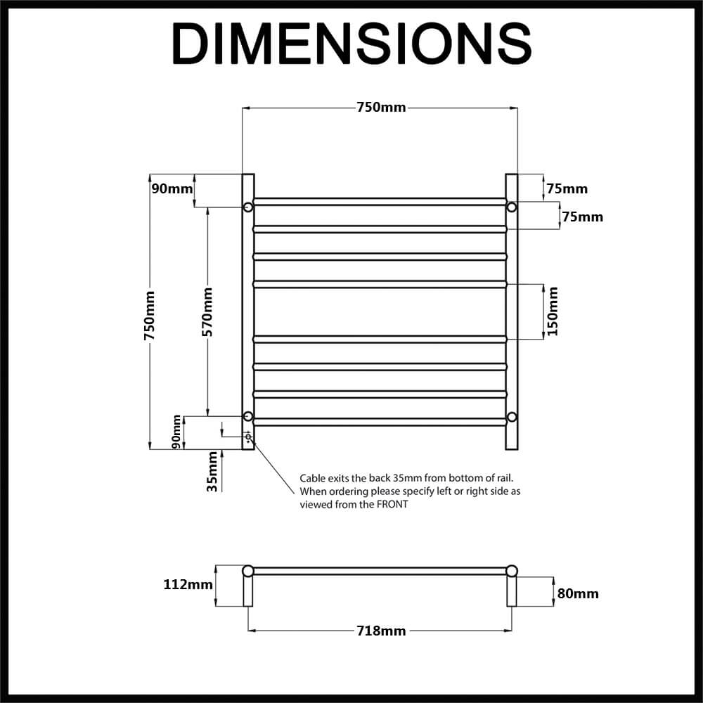 Radiant RTR06 Round Bar Heated Towel Rail Dimensions