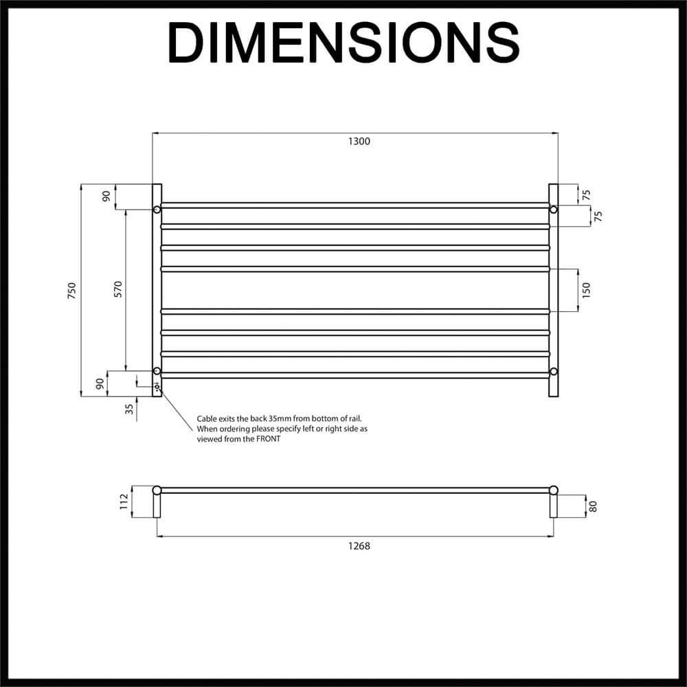 Radiant RTR09 Round Bar Heated Towel Rail Dimensions