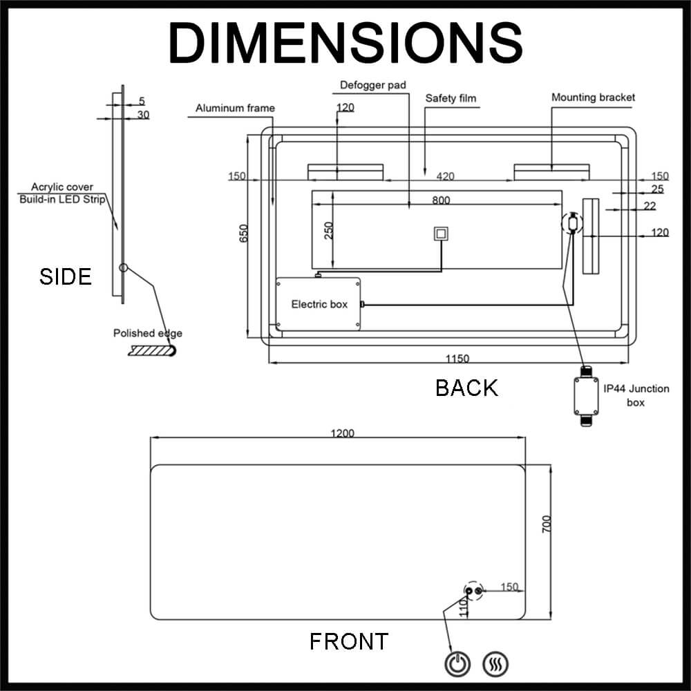 Asta S 1200mm Frameless LED Illuminated Mirror Dimensions Guide