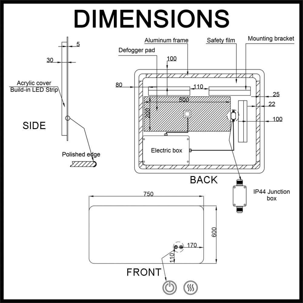 Asta S 750mm Frameless LED Illuminated Mirror Dimensions Guide