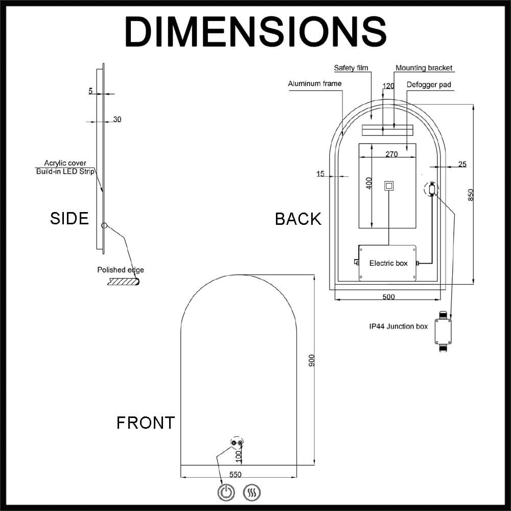 Aura S 550mm Frameless LED Illuminated Mirror Dimensions Guide