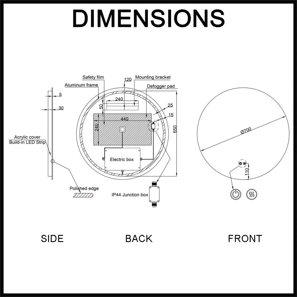 Circo S 700mm Frameless Round LED Illuminated Mirror Dimensions Guide