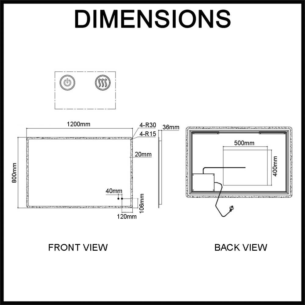 Navona 1200mm x 800mm Curved Rim Rectangle LED Illuminated Mirror Dimensions Guide