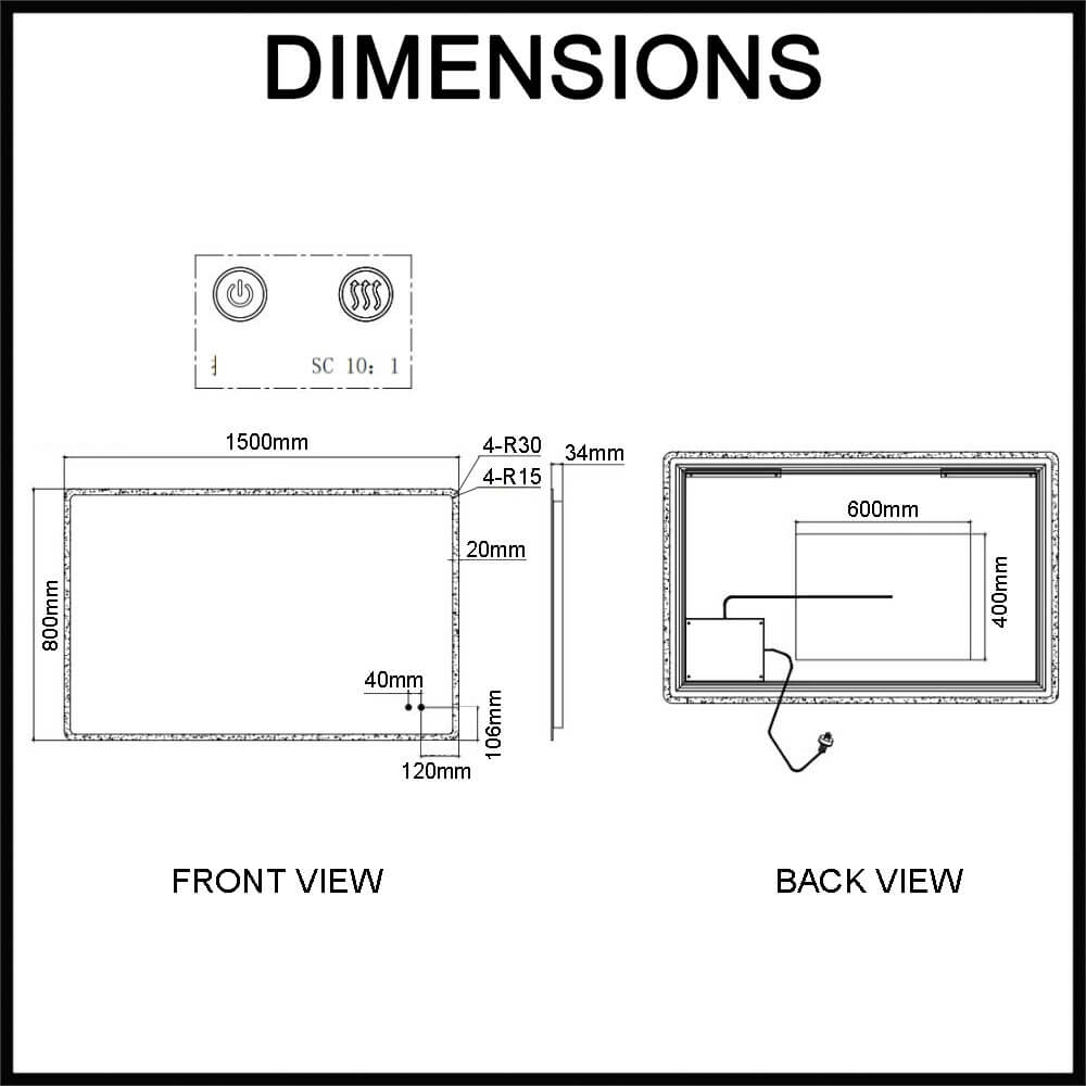 Navona 1500mm x 800mm Curved Rim Rectangle LED Illuminated Mirror Dimensions Guide