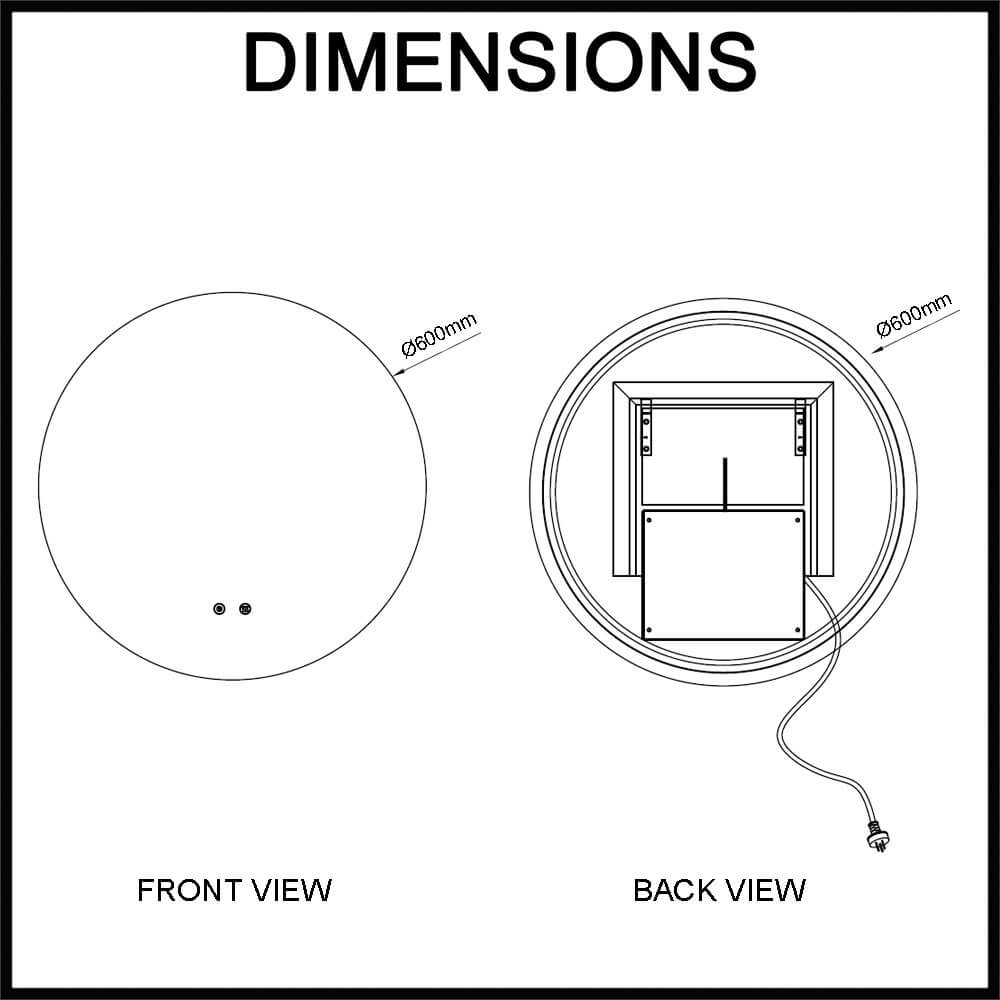 Navona 600mm Frameless Round LED Illuminated Mirror Dimensions Guide