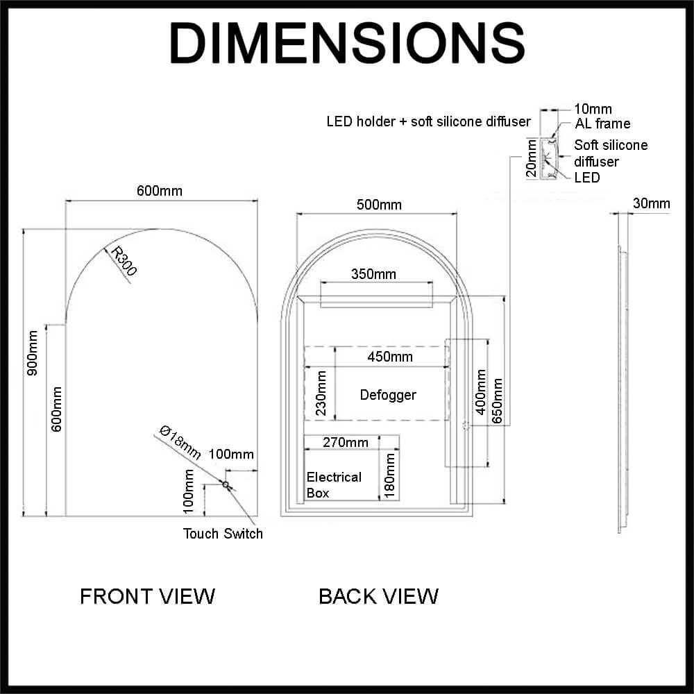 Navona 600mm Frameless Arch LED Illuminated Mirror Dimensions Guide