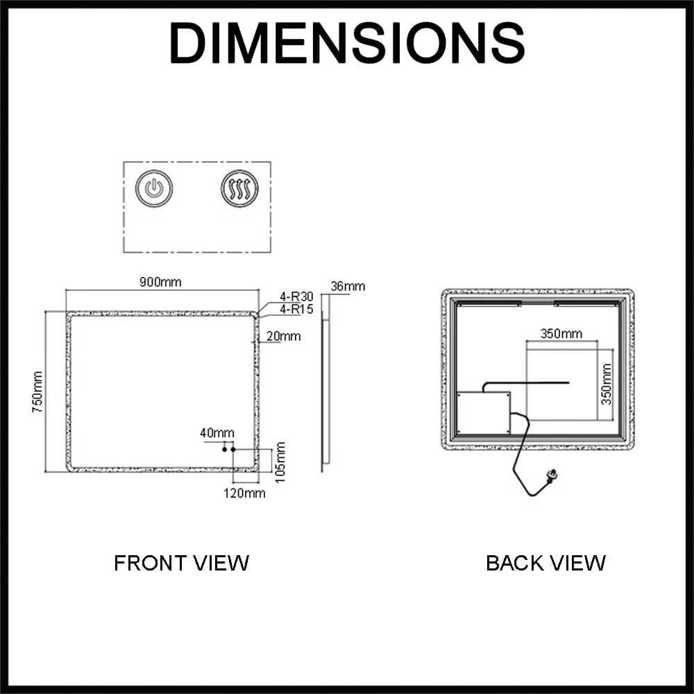 Navona 900mm x 750mm Curved Rim Rectangle LED Illuminated Mirror Dimensions Guide