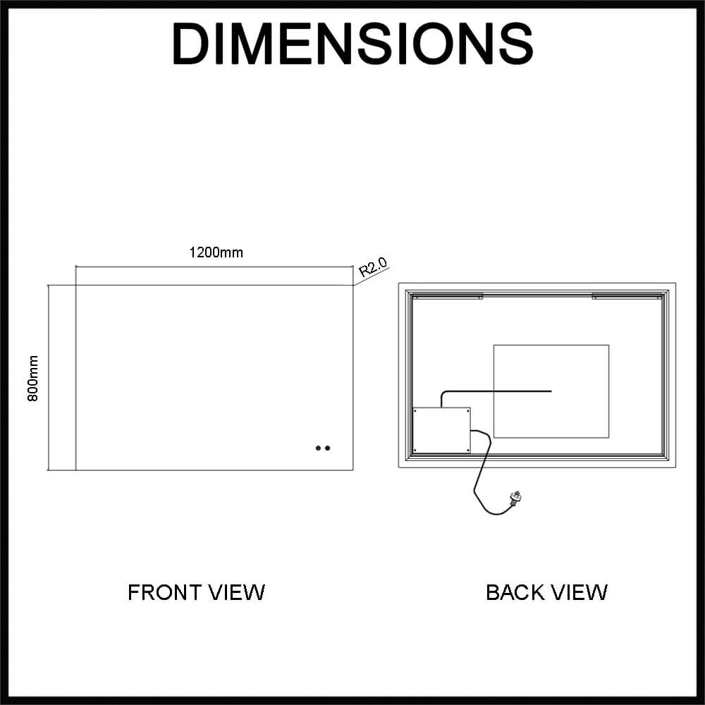 Navona 1200mm x 800mm Frameless Rectangle LED Illuminated Mirror Dimensions Guide