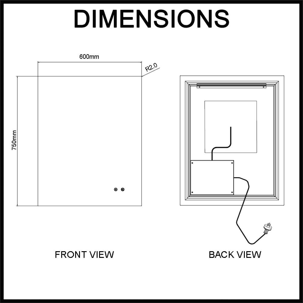 Navona 600mm x 750mm Frameless Rectangle LED Illuminated Mirror Dimensions Guide