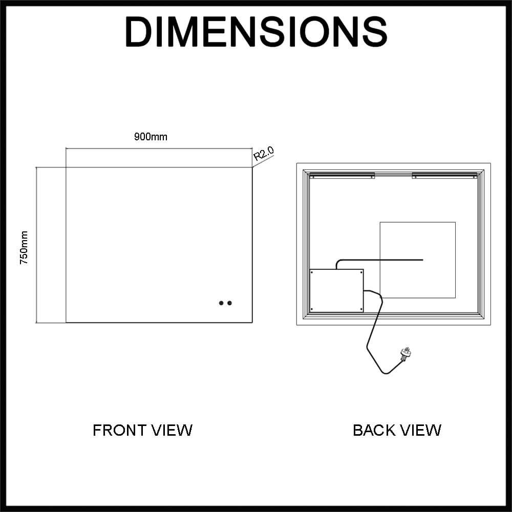 Navona 900mm x 750mm Frameless Rectangle LED Illuminated Mirror Dimensions Guide