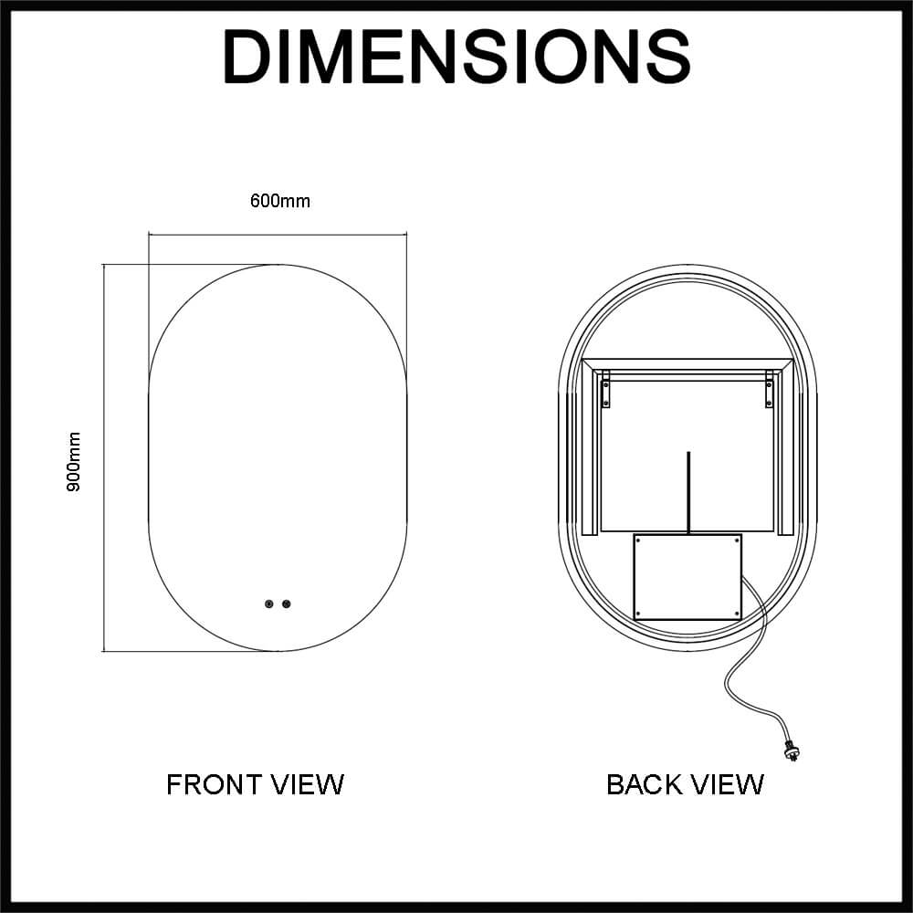 Navona 600mm Frameless Oval LED Illuminated Mirror Dimensions Guide