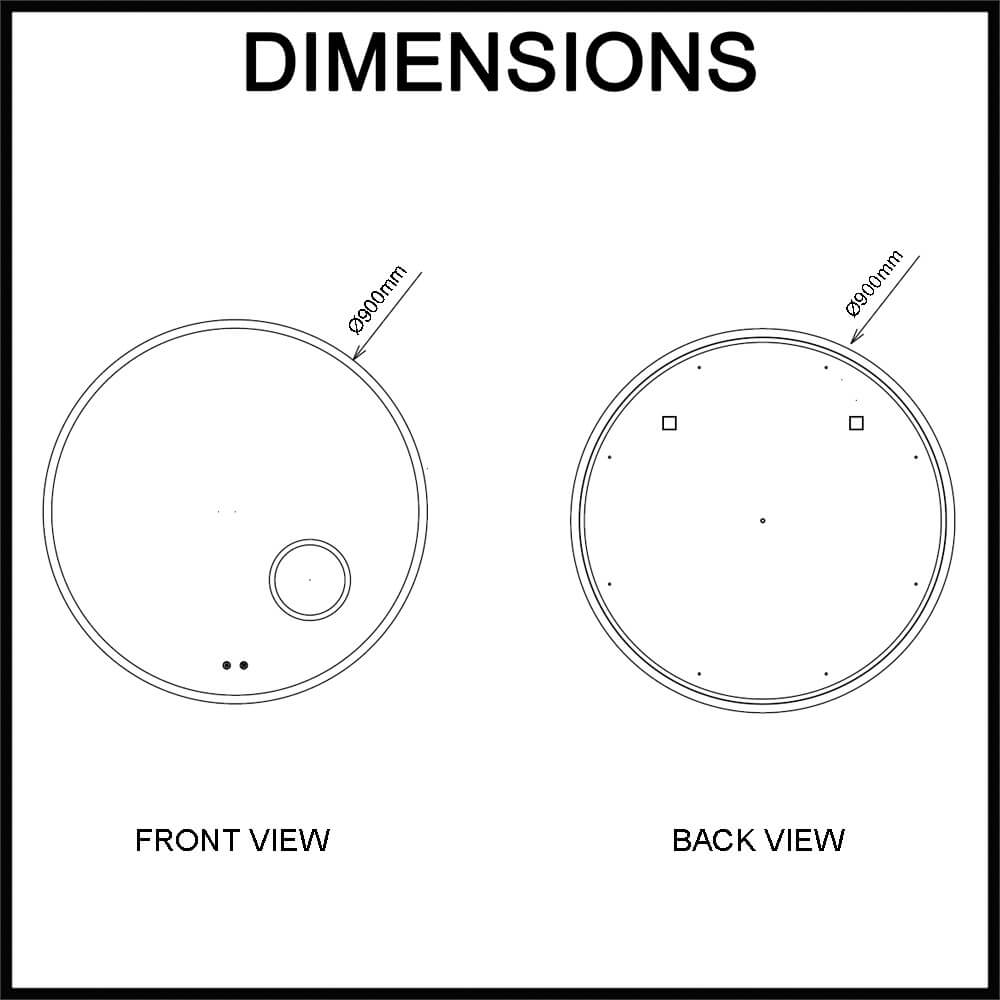 Navona 900mm Round LED Illuminated Mirror with Rim and Magnifier Dimensions Guide