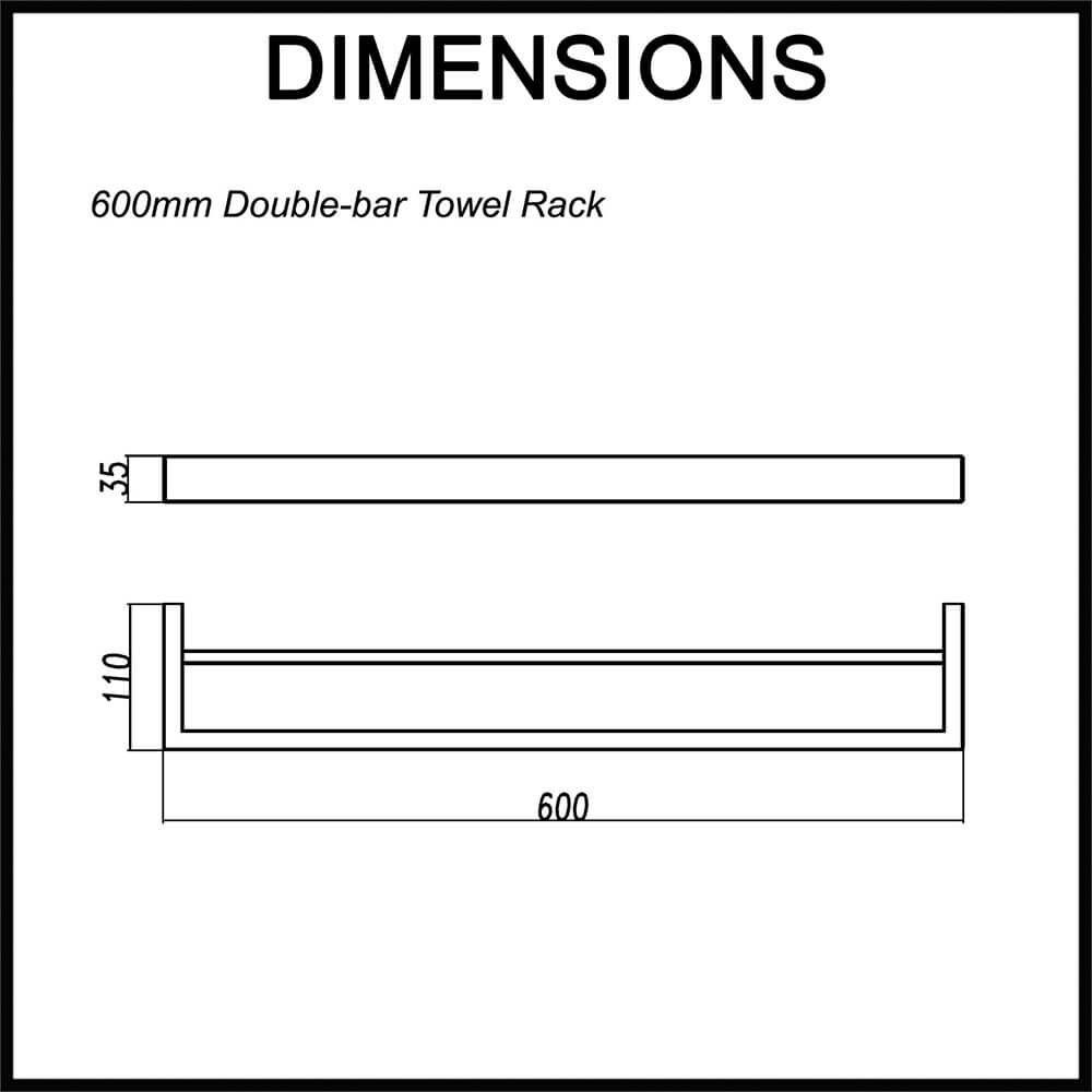 Cavallo Square Double Towel Rail 600mm - Dimensions