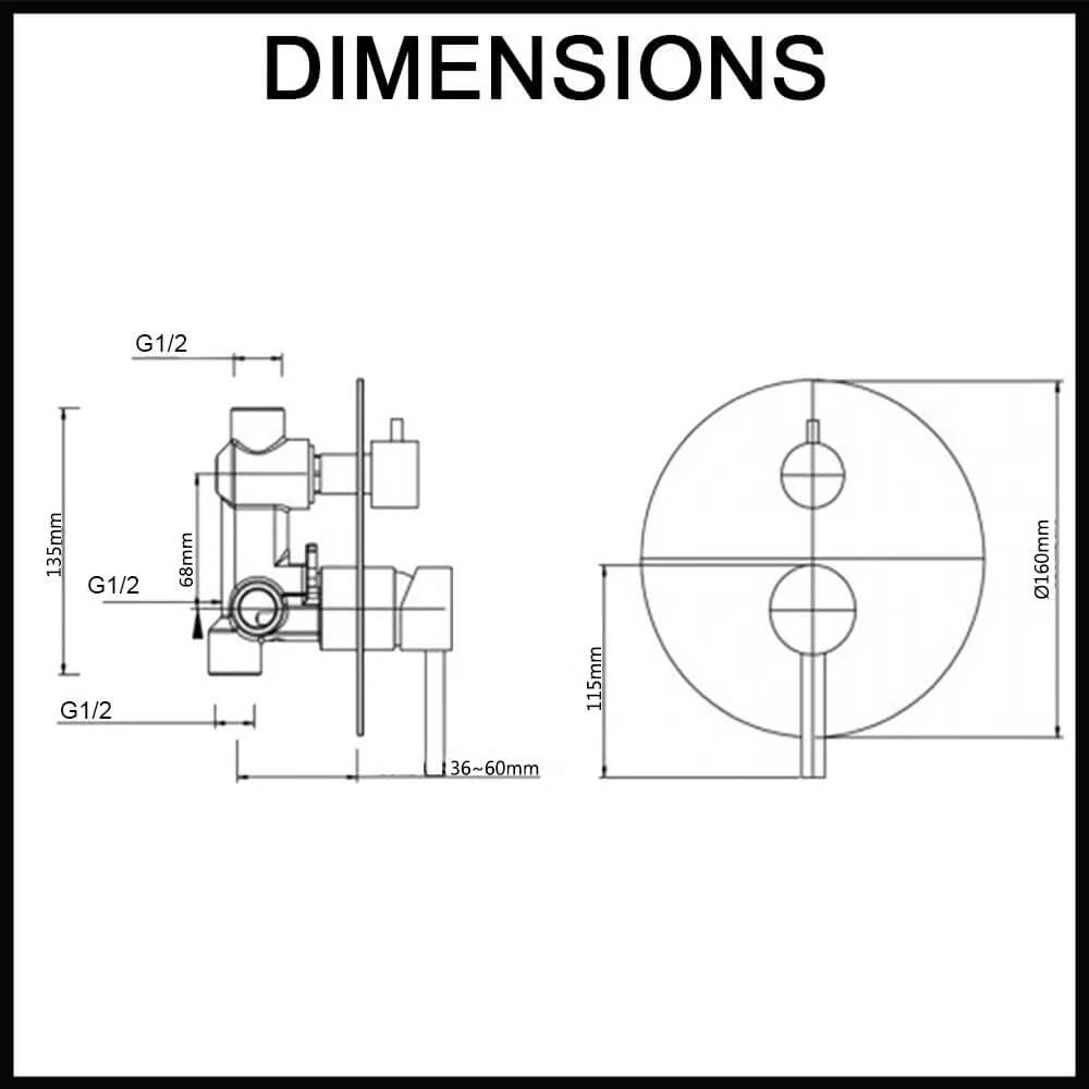 Echo Round Chrome Shower/Bath Mixer Diverter Dimensions