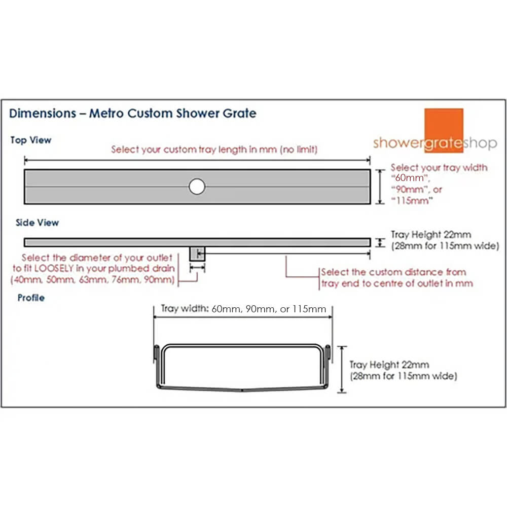 Metro Outdoor Low Profile Linear Grate - Custom Sizes - Dimensions
