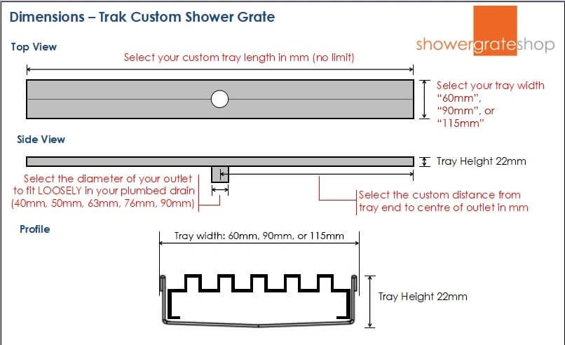Trak Shower Grate - Custom Sizes - 316 Stainless Steel