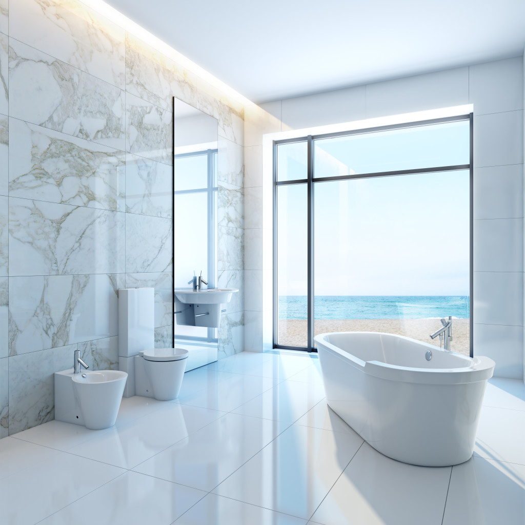 modern luxurious bathroom in house on a beach