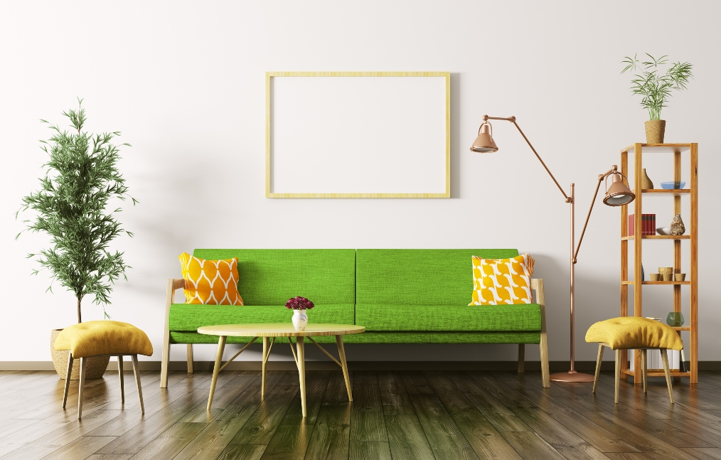 modern interior rendering of living room with green sofa coffee table plant shelf