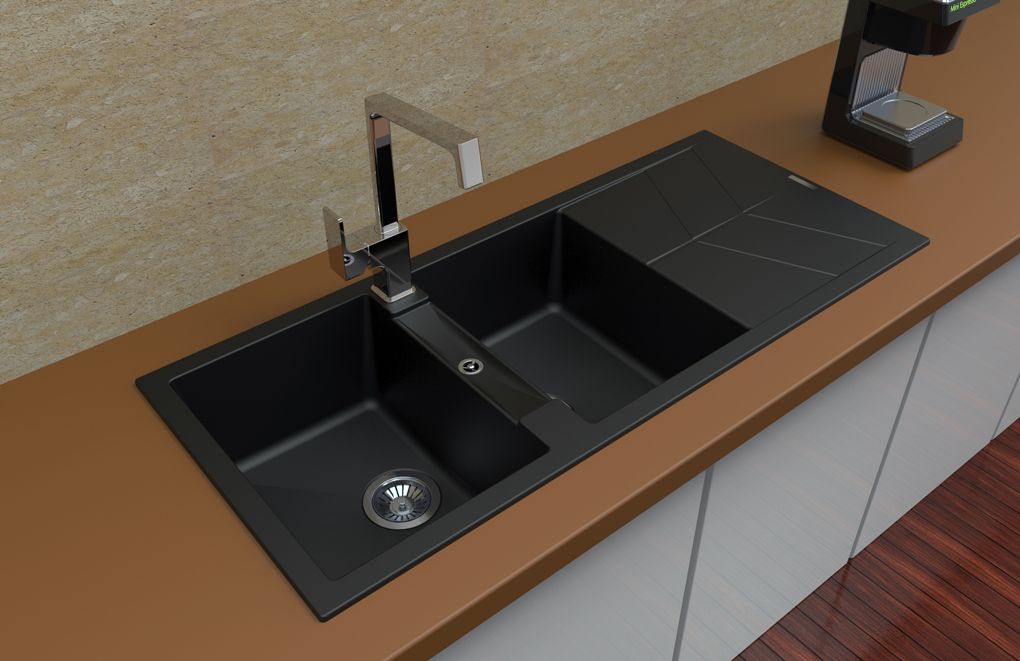 Jazz D200 black granite kitchen sink one-and-one-half bowl with reversible drainer