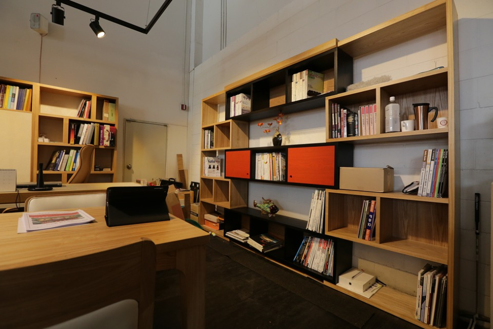 wood themed office table chairs shelves cabinets