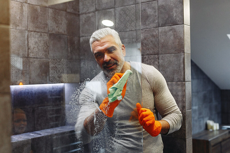 Clean High-Traffic Surfaces man cleaning bathroom shower screen