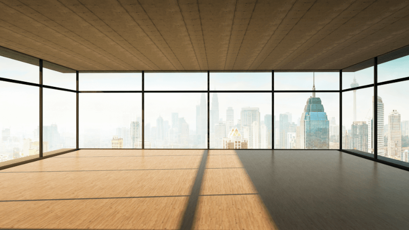 wood flooring, wood ceiling, background high-rise buildings